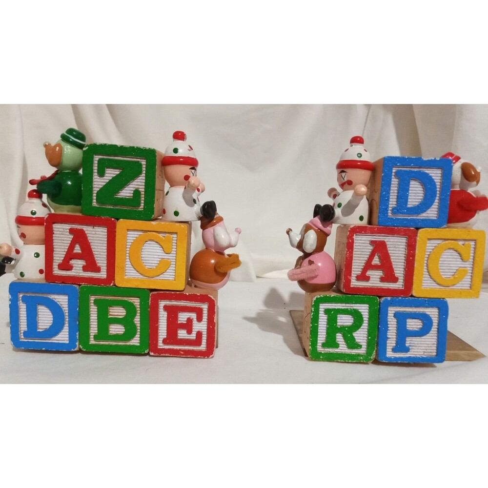 Vintage ABC Wood Block 1970's  Bookends Brass Base Wood Blocks Clown Dogs